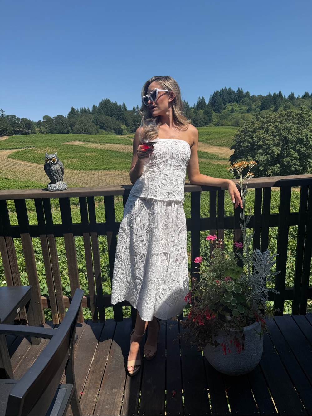 White Strapless Eyelet Midi Dress